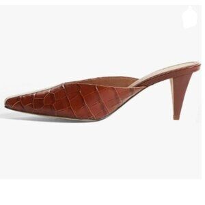 YDN Brown Serpentine Cone Heel Pointed Toe Mules Slip on V Cut Leather Shoes